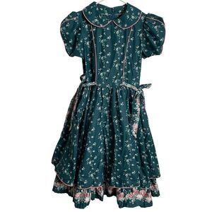 Vtg Daisy Kingdom Girls Handmade Cotton Floral Fancy Party Dress Green Ruffle